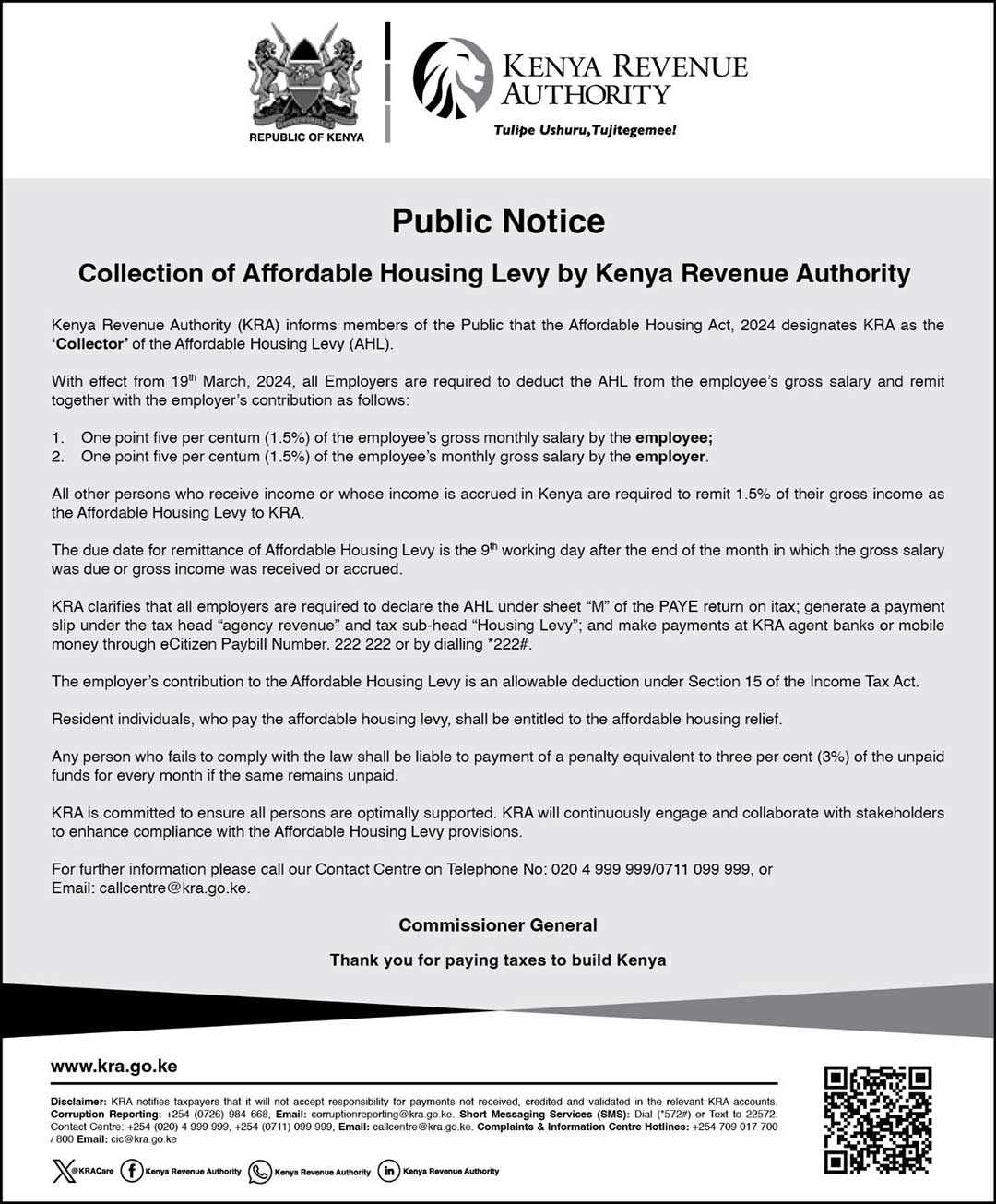 kra affordable housing levy collection notice