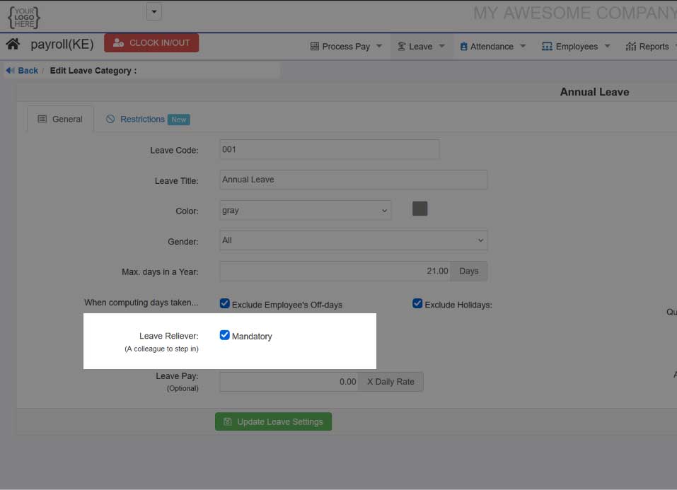 Activate Leave Reliever Settings