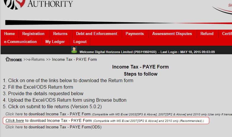 download p10_return.xlsm from kra itax portal